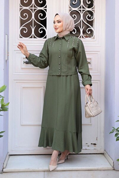 N.S NEVA STYLE Düğmeli Haki Tesettür Etekli İkili Takım 44741HK