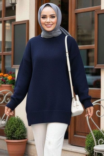 N.S NEVA STYLE Koyu Lacivert Tesettür Triko Kazak Tunik 87181KL