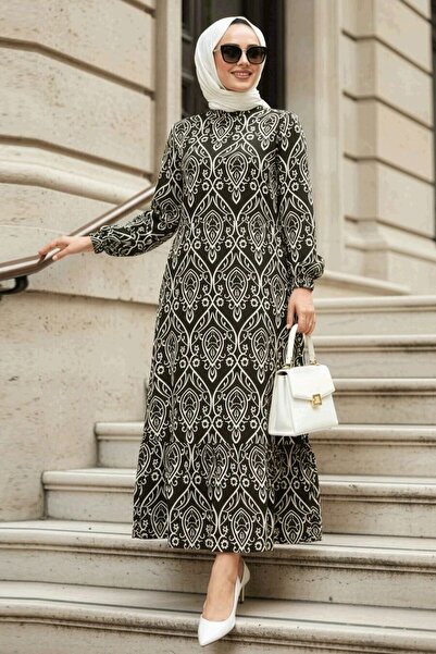 Neva Style Patterned Black Hijab Dress 2297S