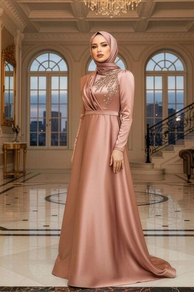 Neva Style Beaded Embroidered Dusty Rose Hijab Evening Dress 22441Gk