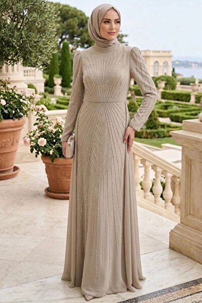 N.S NEVA STYLE Saten Taş Taş İşlemeli Tesettür Abiye Elbise 56061TAS