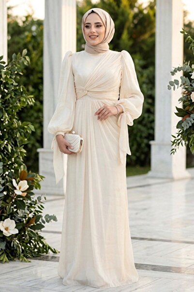 N.S NEVA STYLE Drape Detailed Cream Hijab Evening Dress 52285Kr