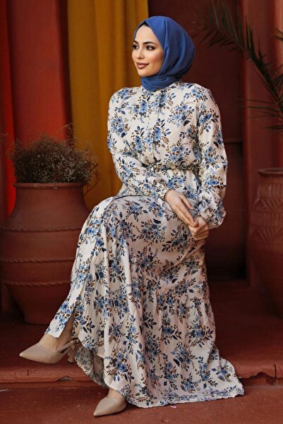 Neva Style Çiçek Desenli Mavi Tesettür Elbise 50251M