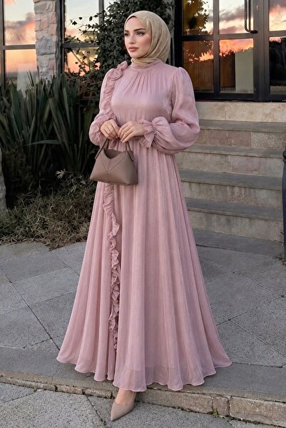N.S NEVA STYLE Ruffle Detailed Tie-Neck Powder Hijab Evening Dress 79861Pd