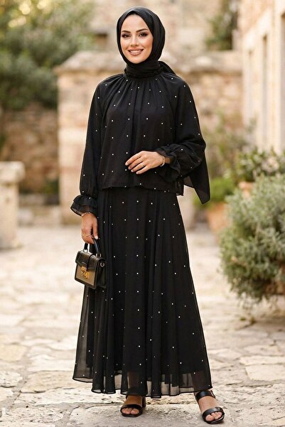 Neva Style İnci Detaylı Fırfırlı Siyah Tesettür Takım 53383S