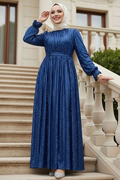 N.S NEVA STYLE Sequined Sax Blue Hijab Evening Dress 44961Sx