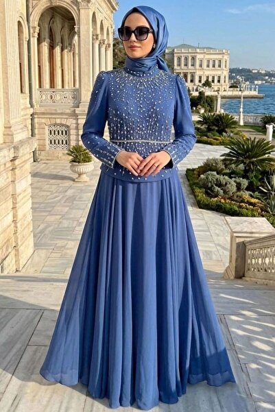 N.S NEVA STYLE Beaded Crepe Navy Blue Hijab Evening Dress 5683L
