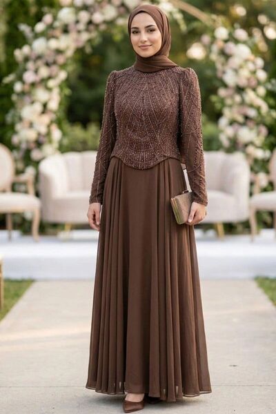 N.S NEVA STYLE Beaded Embroidered Chiffon Brown Hijab Evening Dress 235Kh