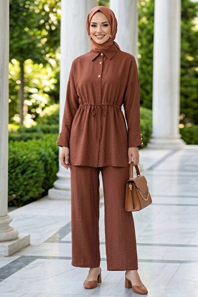 N.S NEVA STYLE Buttoned Camel Hijab Double Set 8275C