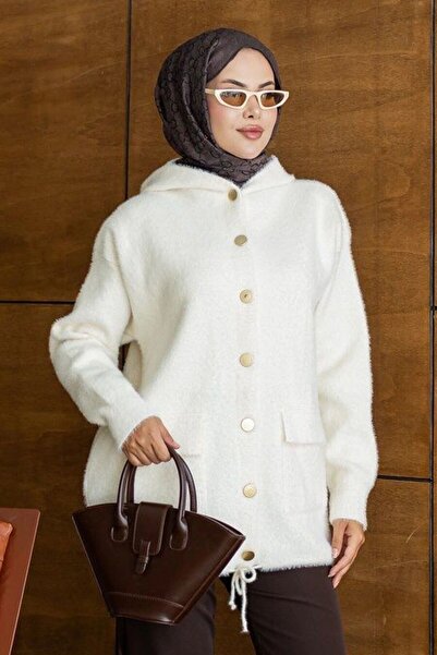 N.S NEVA STYLE Hooded Buttoned Pocketed Cream Hijab Knitwear Cardigan 241482Kr