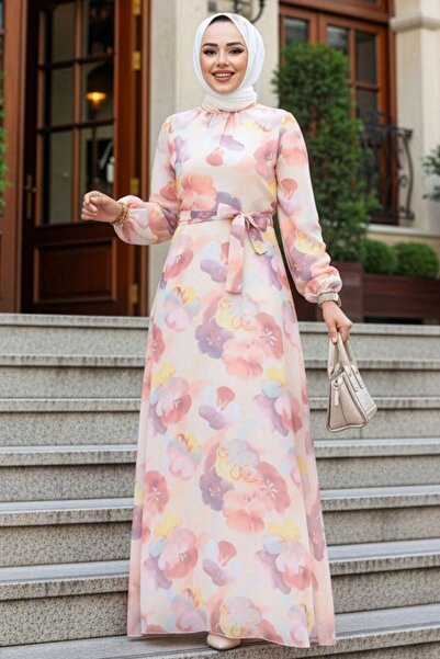 Neva Style Çiçek Desenli Bej Tesettür Elbise 27997BEJ