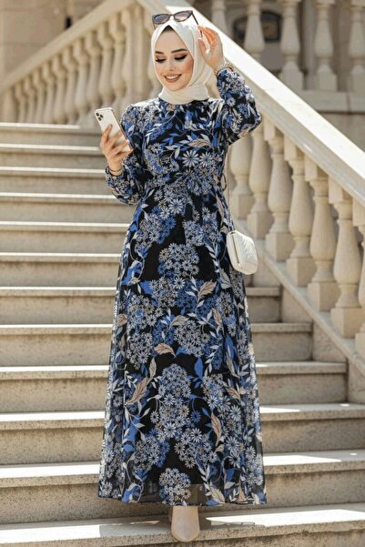 Neva Style Floral Patterned Indigo Blue Hijab Dress 27950Im
