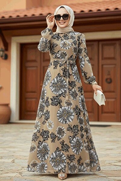 Neva Style Floral Patterned Mink Hijab Dress 279320V