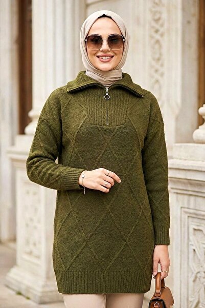 N.S NEVA STYLE تونيك سترة تريكو بتفاصيل البقلاوة باللون الكاكي الداكن 83961KHK