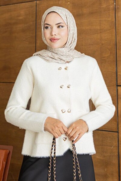 N.S NEVA STYLE Heart Buttoned Pocketed Cream Hijab Knitwear Cardigan 251404Kr