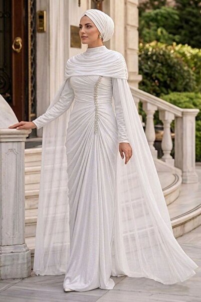 N.S NEVA STYLE فستان سهرة أبيض محتشم مع عباءة 56501B