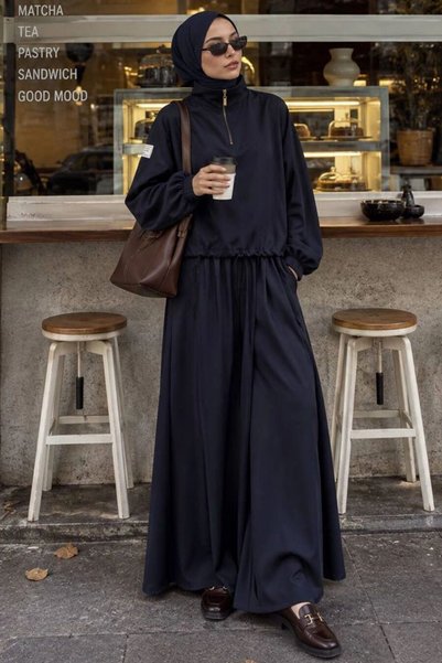 Neva Style High Collar Half Zipper Oysho Navy Blue Hijab Pants Set 14182L