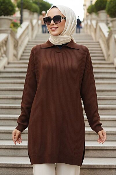 N.S NEVA STYLE سترة تريكو إسلامية باللون البني الداكن 10921KKH