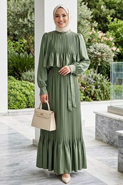 Neva Style Saten Krep Çağla Yeşili Piliseli Tesettür Elbise 95704CY