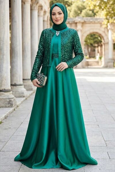 Neva Style فستان سهرة من الساتان باللون الأخضر مع تفاصيل سترة 25881Y