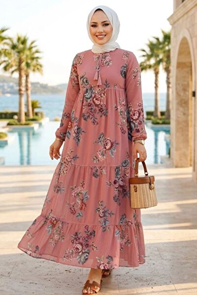 Neva Style Floral Patterned Dried Rose Hijab Dress 22052GK