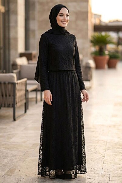 Neva Style Lace Black Hijab Double Set 6293S
