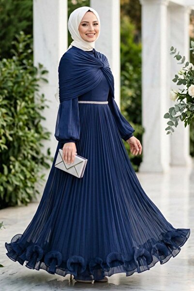 N.S NEVA STYLE Drape Detailed Navy Blue Hijab Evening Dress 56371L