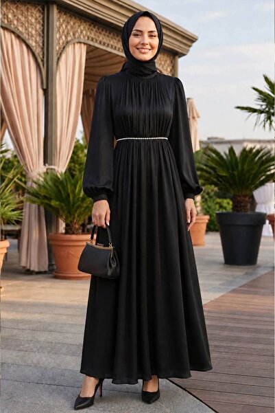 N.S NEVA STYLE فستان سهرة أسود بأكمام بالون وتصميم إسلامي 62312S
