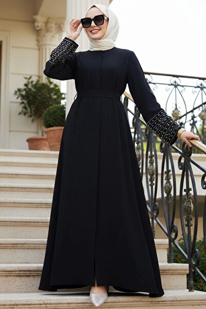 Neva Style Black Hijab Abaya Dress with Stone Embellished Sleeves 60041S