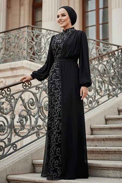 Neva Style Şifon Detaylı Pul Payet Gümüş Tesettür Abiye Elbise 5516GMS