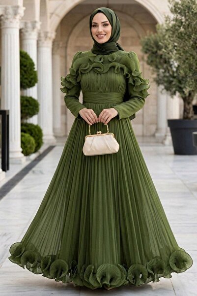 N.S NEVA STYLE فستان سهرة كاكي بتفاصيل كشكشة 55691HK