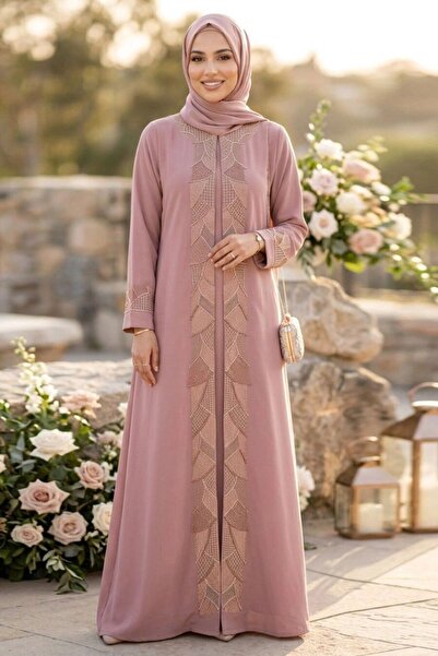 Neva Style Geometric Embroidery Detailed Belted Dusty Rose Hijab Ferace 29142Gk