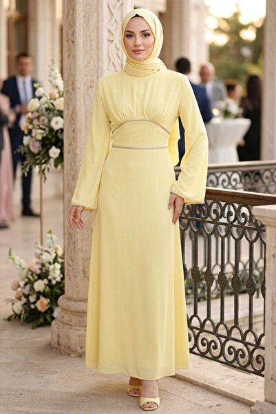 N.S NEVA STYLE فستان سهرة ساتان أصفر للحفلات الإسلامية 61592SR