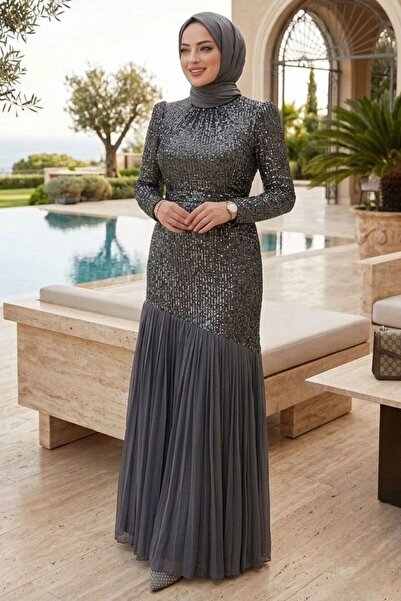N.S NEVA STYLE Sequin Beaded Dark Navy Blue Hijab Evening Dress 52057Kl