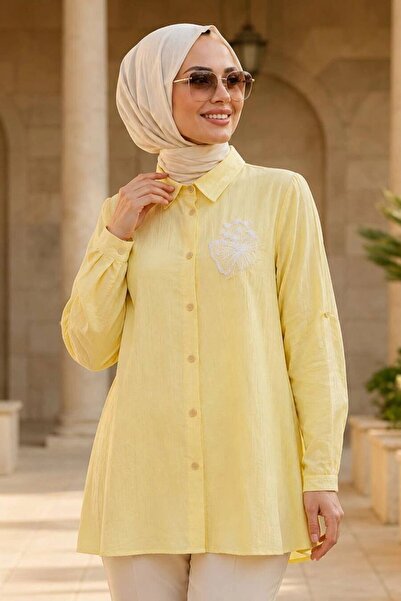 N.S NEVA STYLE Düğmeli Sarı Çilek Kumaş Tesettür Tunik 11201SR