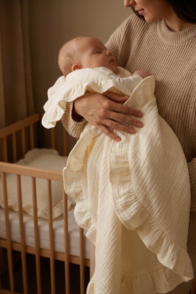 HEİANMONO Baby Blanket and Baby Pillowcase & 100% Cotton Muslin / Cream Color / 4 Layers of Ruffles (100X100)