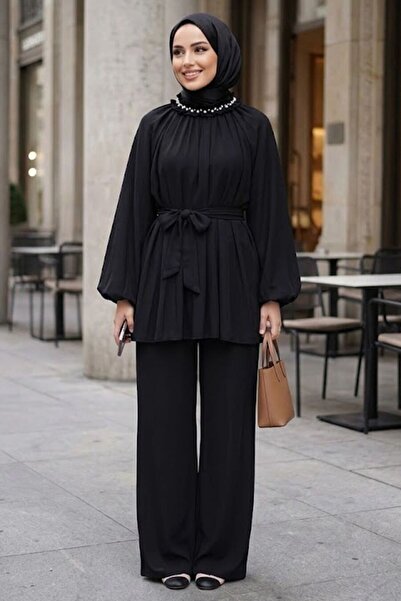 Neva Style Stone Detailed Collar Black Hijab Suit 26145S