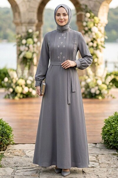 N.S NEVA STYLE Belted Gray Hijab Dress 10309Gr