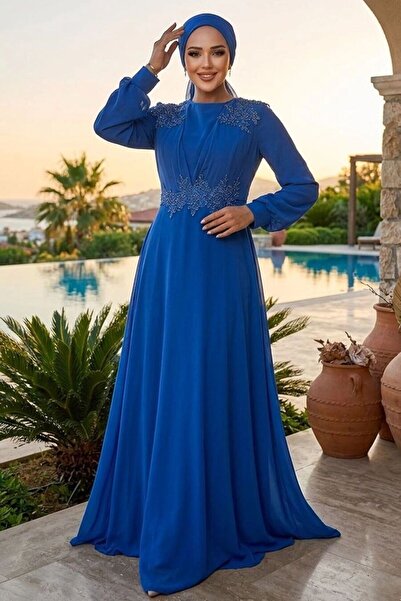 Neva Style Indigo Blue Hijab Evening Dress with Bead Detailing 22113Im