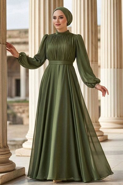 N.S NEVA STYLE Drape Detailed Khaki Hijab Evening Dress 51072Hk