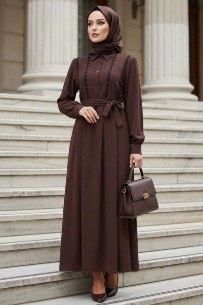 N.S NEVA STYLE Belt Pack Brown Hijab Dress 10308Kh