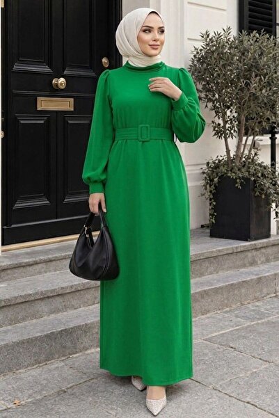 Neva Style High Neck Green Hijab Dress 17861Y