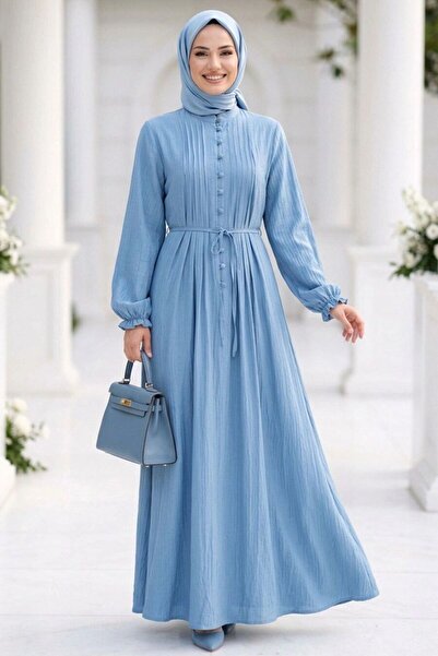 Neva Style Blue Hijab Dress with Pile Detail 10320m