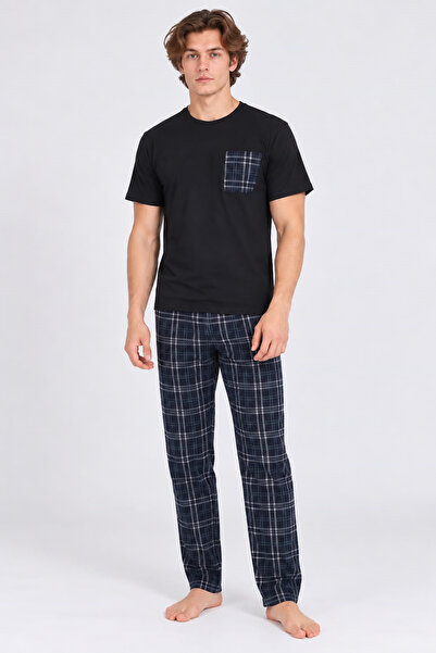 TURAY Leeds Wrist %100 Pamuk Erkek Kısakol Ekose Lacivert Pijama Takımı
