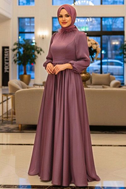 Neva Style Dark Dusty Rose Hijab Evening Dress with Feather Detail on the Col...
