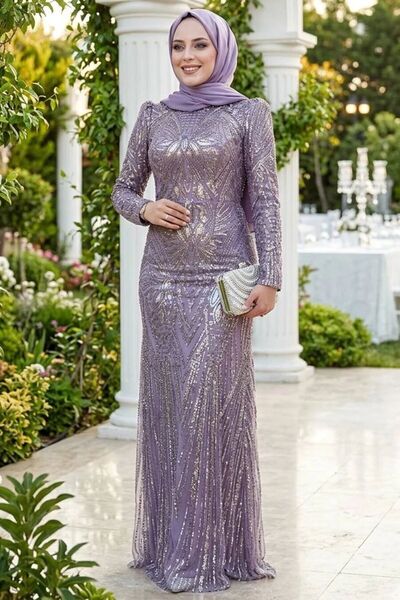 N.S NEVA STYLE - Bead Embroidered Lilac Hijab Evening Dress 51532Lila