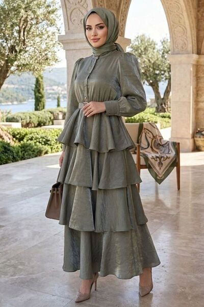 Neva Style Satin Crepe Dark Mint Layered Hijab Dress 95712Kmint