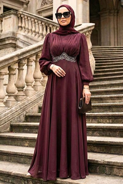 N.S NEVA STYLE - Beaded Detailed Burgundy Hijab Evening Dress 4876Br