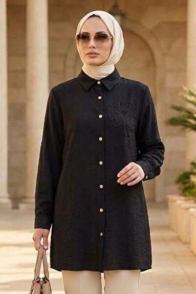 N.S NEVA STYLE تونيك حجاب من قماش الفراولة الأسود بأزرار 11201S