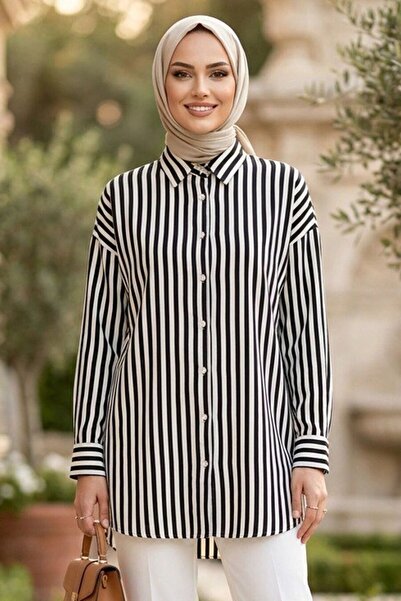 Neva Style Striped Modal Black Hijab Shirt 52342S